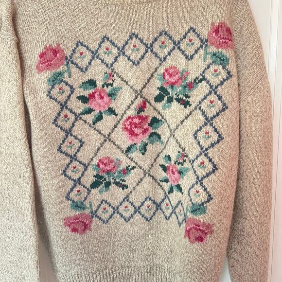 Vintage Eddie Bauer Wool Grandma Floral Tan Heather Sweater SZ L - Picture 3 of 6